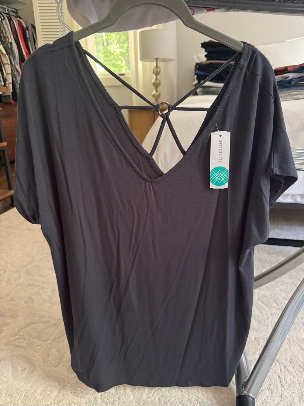 Papermoon Dark Gray V-Neck Top with Strappy Back Ring Detail